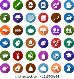 Color back flat icon set - leaf vector, rain, fertilizer, chicken, rabbit, mushroom, hay, potato, onion, pear, tree, watering can, wheelbarrow, butterfly, seedling, sickle, pumpkin, caterpillar