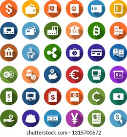 Color back flat icon set - credit card vector, safe, ripple sign, receipt, dollar, euro, yen, bitcoin, cent, mobile payment, coin, cash, tap pay, bank, atm, account statement, money case, chest