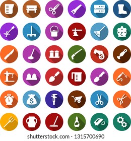 Color back flat icon set - plow vector, alarm clock, scissors, rake, steaming, trowel, ripper, boot, hoe, sickle, bench, farm fork, wheelbarrow, saw, tower crane, welding, calipers, money bag, gear