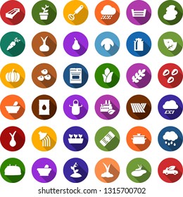 Color back flat icon set - field vector, leaf, rain, seeds, mortar, milk can, mushroom, manger, hay, pumpkin, onion, carrot, pear, corn, spa, flower in pot, seedling, watering, pond, sproute, barrel