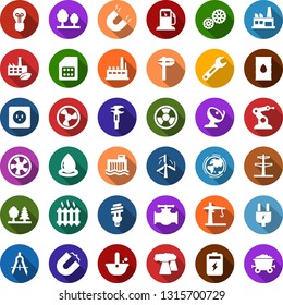 Color back flat icon set - fan vector, battery, gas station, windmill, oil pipeline, earth, thermal power plant, barrel, bulb, hydro, line pillar, plug, socket, forest, factory, eco, gear, nuclear