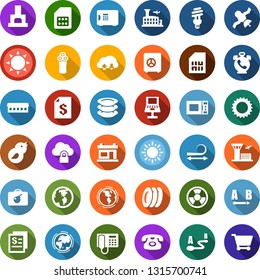 Color back flat icon set - sun vector, farm, phone alarm, bomb in case, airport building, electric razor, barbershop, hair straightening, plates, fireplace, earth, bird, bulb, nuclear, sim card