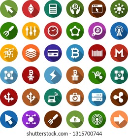 Color back flat icon set - antenna vector, credit card, wireless notebook, camera, bitcoin sign, etherium, ripple, storm, palm, search, cloud, chip, blockchain molecule, shield, cube, wheelbarrow