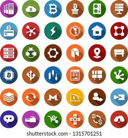 Color back flat icon set - bitcoin sign vector, monero, storm, neo, mining farm, equipment, japanese chart, down graph, exchange, card, site, cloud, molecule, blockchain, lock chain, wheelbarrow