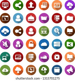 Color back flat icon set - wireless notebook vector, bitcoin cloud, blocks, trash bin, cpu, folder document, account statistics, money click, server, network, lock, exchange, big data, browser, user