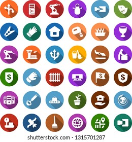 Color back flat icon set - leaf vector, fence, arrival, baggage conveyor, baby room, plane globe, airport building, hair dye, bucket and broom, clothespin, house hold, seedling, glove, route, server