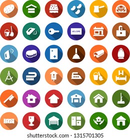 Color back flat icon set - farm vector, bed, barbershop building, plunger, bucket and broom, fetlock, mop, sponge, window cleaning, welcome mat, iron, steaming, shining, house hold, sink, greenhouse