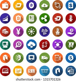Color back flat icon set - wallet vector, ripple sign, dash, iota, neo, growth graph, bitcoin exchange, palm, search, cloud, shield, cart, blockchain cube, column, receipt, yen, big cash, insurance
