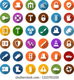 Color back flat icon set - security gate vector, alarm car, border cone, safe, lock, razor, rubber glove, bitcoin, chain, boot, hose, unmanned, traffic light, shield, unlock, key, attention sign