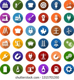 Color back flat icon set - power plug vector, ripper, ladder, fire, battery, sun panel, oil jack, mine trolley, gas station, windmill, thermal plant, bulb, hydro, line pillar, factory, gear, magnet