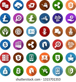 Color back flat icon set - ripple sign vector, litecoin, dash, iota, neo, mining, farm, bitcoin palm, bag, search, globe, cloud, shield, phone, wheelbarrow, column, wallet, coin, insurance