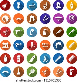 Color back flat icon set - scissors vector, comb, hair dryer, shampoo, mustache, trimmer, iron, dye, hood, barbershop building, shaving brush, hairdresser chair, straightening, wave of, woman, man