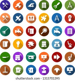 Color back flat icon set - shovel and rake vector, sheep, right arrow, ladder car, hairdresser chair, water tap, splotch, welcome mat, washboard, garden fork, well, bulb, draw, satellite