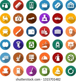 Color back flat icon set - plum vector, tractor, alarm car, camera, comb, pump sprayer, razor blade, wallet, hairdresser chair, bitcoin phone, cooling, presentation graph, washer, toilet paper, boot