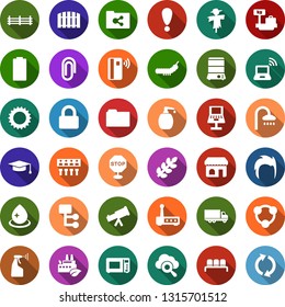 Color back flat icon set - farm fence vector, scarecrow, waiting area, wireless notebook, shop, shower, luggage scales, man hair, water drop, liquid soap, sprayer, sun, well, seeds, caterpillar, hub