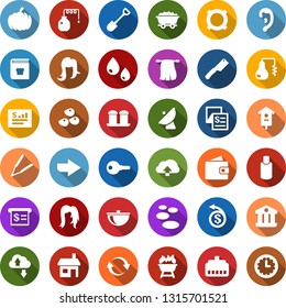 Color back flat icon set - seeds vector, distilizer, shampoo, ear, wallet, hair iron, spa, woman, trowel, watering can, boot, hose, hoe, axe, shovel, house, water drop, pumpkin, bird, mine trolley