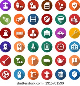 Color back flat icon set - farm vector, woman hair, pumpkin, flower in pot, fork, watering can, well, hoe, garden light, greenhouse, fan, sun panel, gas station, flask, eco factory, tower crane, car