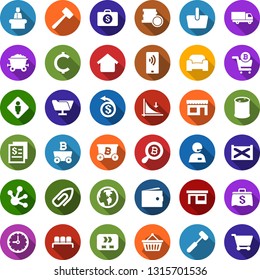 Color back flat icon set - male vector, waiting area, reception, wallet, mining, down graph, bitcoin search, storefront, cart, basket, lawn mower, conveyor, mine trolley, earth, store, support, cent