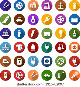 Color back flat icon set - hair trimmer vector, electric razor, iron, cooling, power plug, vacuum cleaner, ripper, fan, battery, thermal plant, bulb, hydro, line pillar, socket, car, money torch