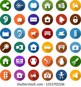 Color back flat icon set - cow vector, plum, tractor, train, bomb in case, baby, camera, ear, welcome mat, garden fork, bench, battery, laser, cash, traffic light, share, home, connection, lock