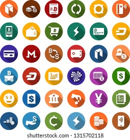 Color back flat icon set - credit card vector, dash sign, iota, monero, storm, neo, mining, bitcoin exchange, safe, phone, cart, receipt, yen, cent, currency, coin, cash, tap pay, insurance, bank