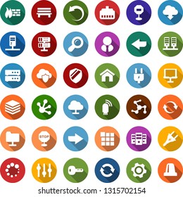 Color back flat icon set - power plug vector, network, server, notebook, folder, cloud, shield, big data, gear, equalizer, menu, firewall, usb modem, lan connector, home, bench, arrow, refresh, undo