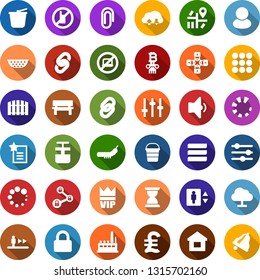 Color back flat icon set - bucket vector, elevator, escalator, no mobile, laptop, vip, chain, lock, bitcoin column, fence, caterpillar, factory, navigation, pound, cloud network, menu, bench, home