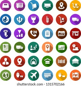 Color back flat icon set - baggage trolley vector, route, navigation, earth, pin, store, plane, office phone, 24 hours, client, mobile tracking, truck trailer, car delivery, term, receipt, sea port