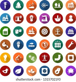 Color back flat icon set - offshore oil platform vector, sun panel, jack, leaf, windmill, pipeline, earth, thermal power plant, bulb, hydro, line pillar, socket, forest, factory, gear, conveyor, cpu