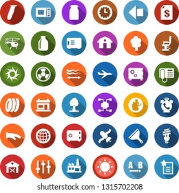 Color back flat icon set - barn vector, sun, phone alarm, left arrow, plane, helicopter, electric razor, barbershop building, hairdresser chair, hair straightening, blockchain cube, scraper, plates