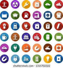 Color back flat icon set - hot cup vector, electric razor, power plug, fire, offshore oil platform, battery, mine trolley, gas station, windmill, thermal plant, barrel, bulb, hydro, line pillar, car