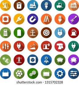 Color back flat icon set - fork loader vector, power plug, fire, ladder, ripper, battery, sun panel, oil jack, mine trolley, gas station, windmill, thermal plant, hydro, line pillar, socket, factory