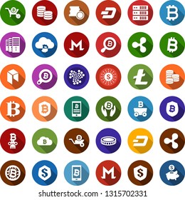 Color back flat icon set - bitcoin sign vector, ripple, litecoin, dash, iota, monero, neo, mining, farm, palm, search, globe, cloud, shield, phone, wheelbarrow, column, coin, insurance, dollar sun