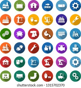 Color back flat icon set - barn vector, passport control, fork loader, mining, garbage pile, offshore oil platform, jack, pipeline, thermal power plant, battery, hydro, factory, gear, conveyor