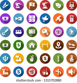 Color back flat icon set - leaf vector, fence, arrival, plane globe, airport building, checkroom, phone, bitcoin column, bucket and broom, clothespin, glove, seedling, manufacture robot, route, home
