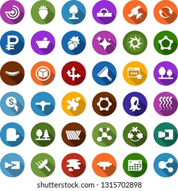 Color back flat icon set - field vector, mortar, berry, sun, radar, wave of hair, eyelashes, woman, blockchain molecule, cube, scraper, shine, splotch, tree, forest, satellite, term, ruble, connect