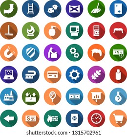 Color back flat icon set - fertilizer vector, baby room, depilation, mirror, shampoo, mustache, man hair, notebook blocks, presentation graph, fetlock, scoop, window cleaning, liquid soap, seeds