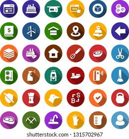 Color back flat icon set - wool vector, steak, duck, scissors, make up brush, shaving, rubber glove, mining, equipment, bitcoin exchange, cube, sprayer, cleaner woman, water tap, rake, watering, pay