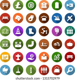 Color back flat icon set - sowing vector, pumpkin, fruit tree, harvester, escalator, waiting area, border cone, seat map, depilation, mirror, litecoin sign, bitcoin palm, globe, mop, clothespin