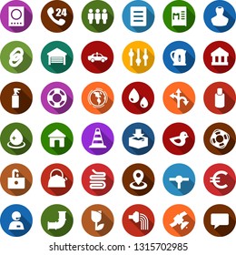 Color back flat icon set - coffee machine vector, alarm car, passport, stamp, border cone, shampoo, sprayer, water drop, sink, shovel, farm fork, watering can, oil pipeline, earth, bird, route, euro