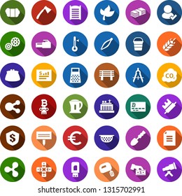 Color back flat icon set - spike vector, leaf, wool, bucket, tweezers, ripple sign, bitcoin card, lock chain, column, washboard, shovel, fence, saw, fire, seedling, garden knife, trowel, axe, bench