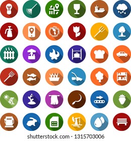 Color back flat icon set - rabbit vector, fish, berry, luggage storage, ladder, watering can, farm fork, rake, tree, sproute, lawn mower, fire, seedling, rain, well, sickle, garden sprayer, oil jack