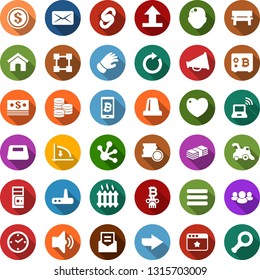 Color back flat icon set - harvester vector, wireless notebook, bald head, down graph, bitcoin safe, phone, chain, blockchain, column, glove, radiator, clock, heavy, dollar coin, network, server