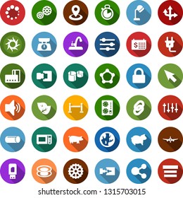 Color back flat icon set - leaf vector, pig, fence, sun, plane, credit card, hood dryer, mining equipment, blockchain molecule, power plug, water tap, rake, wheelbarrow, plant label, gear, pipes