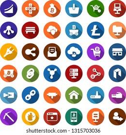 Color back flat icon set - litecoin sign vector, neo, mining, growth graph, bitcoin bag, cloud, phone, storefront, cart, basket, blockchain molecule, lock chain, wheelbarrow, power plug, connect
