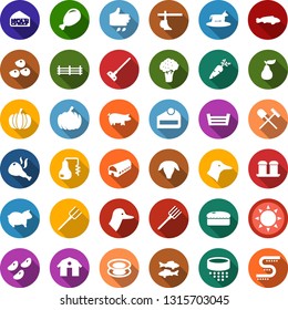 Color back flat icon set - barn vector, sun, broccoli, seeds, sowing, cow, distilizer, shovel and rake, sheep, pig, ham, duck, fish, farm fence, manger, pumpkin, carrot, pear, cheese, plow, hoe