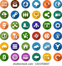 Color back flat icon set - antenna vector, clouds, bitcoin chip, blockchain molecule, notebook blocks, earth, connection, network, cloud exchange, server, browser, gear, menu, firewall, share, home