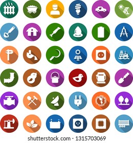 Color back flat icon set - barn vector, shovel and rake, trowel, glove, sickle, offshore oil platform, battery, sun panel, jack, mine trolley, leaf, gas station, pipeline, earth, power plug, socket