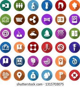 Color back flat icon set - field vector, farm fence, fruit tree, parking, radar, hair trimmer, mirror, wave of, woman, depilation, ripple sign, iota, bitcoin site, bag, safe, blockchain, agent, pin