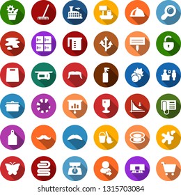 Color back flat icon set - berry vector, passport control, airport building, checkroom, mustache, phone, sprayer, down graph, presentation, bucket and broom, towel, splotch, shining window, rake